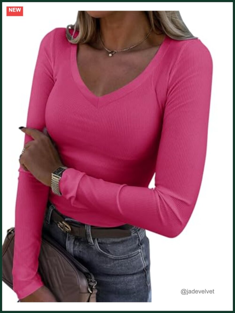 Women's Long Sleeve V-Neck Ribbed Knit Fitted Casual Top Tee - Soft Rayon